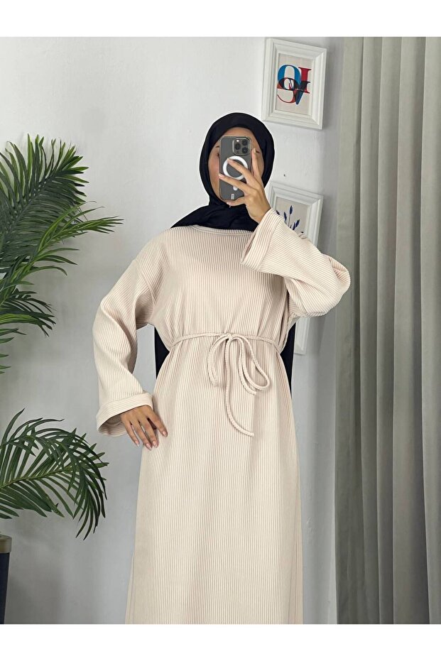 61512 - Örme Triko Tesettür Elbise Bej - 4