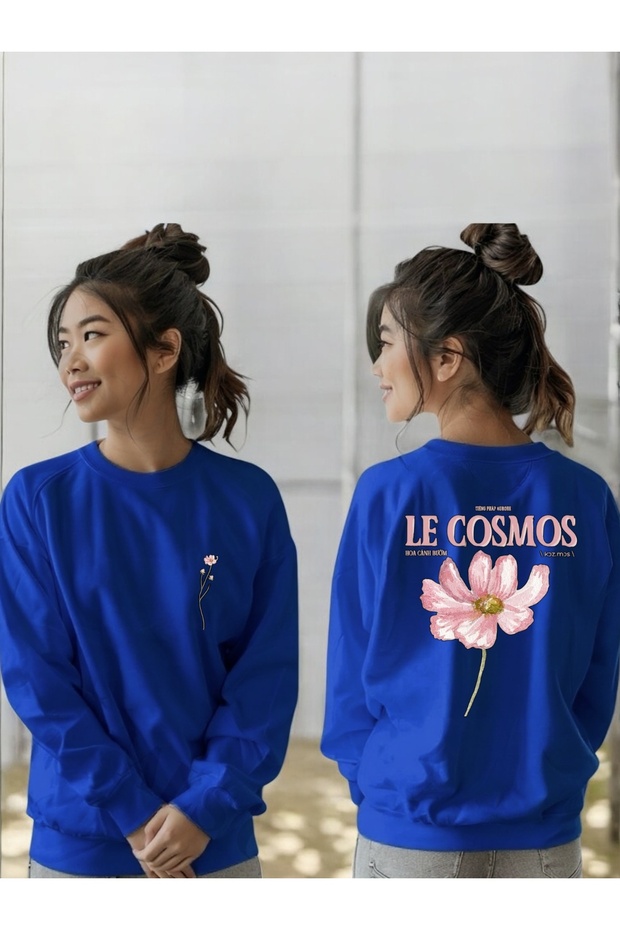 Unisex Long Sleeve Le Cosmos Pink Floral Transfer Printed Crew Neck Sweatshirt