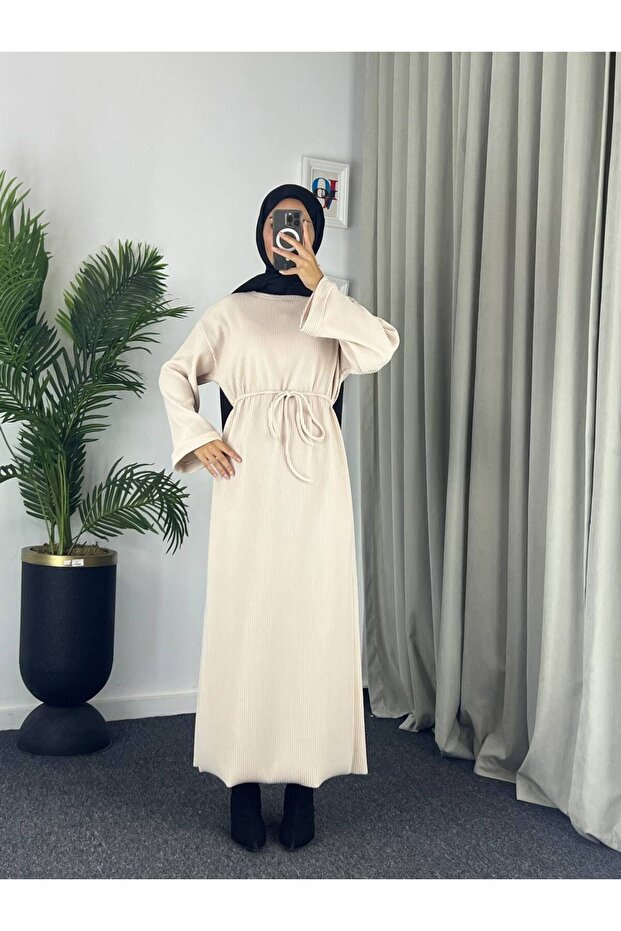 61512 - Örme Triko Tesettür Elbise Bej - 3