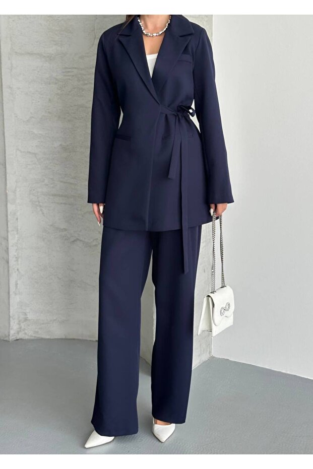 Premium Tie-Up Lace-Up Detailed Blazer-Palazzo Pants 2-Piece Set