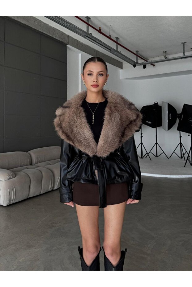 Black Fur Collar Tied Leather Jacket