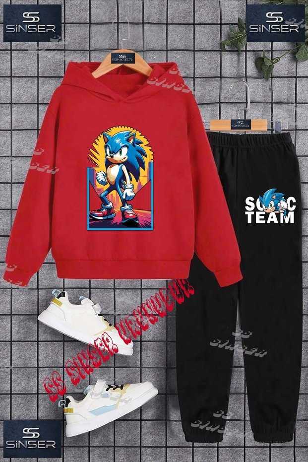 Children's Unisex Printed Hooded Tracksuit Set with the Words "Sonic Gunesli Mavi Kare" Printed on It