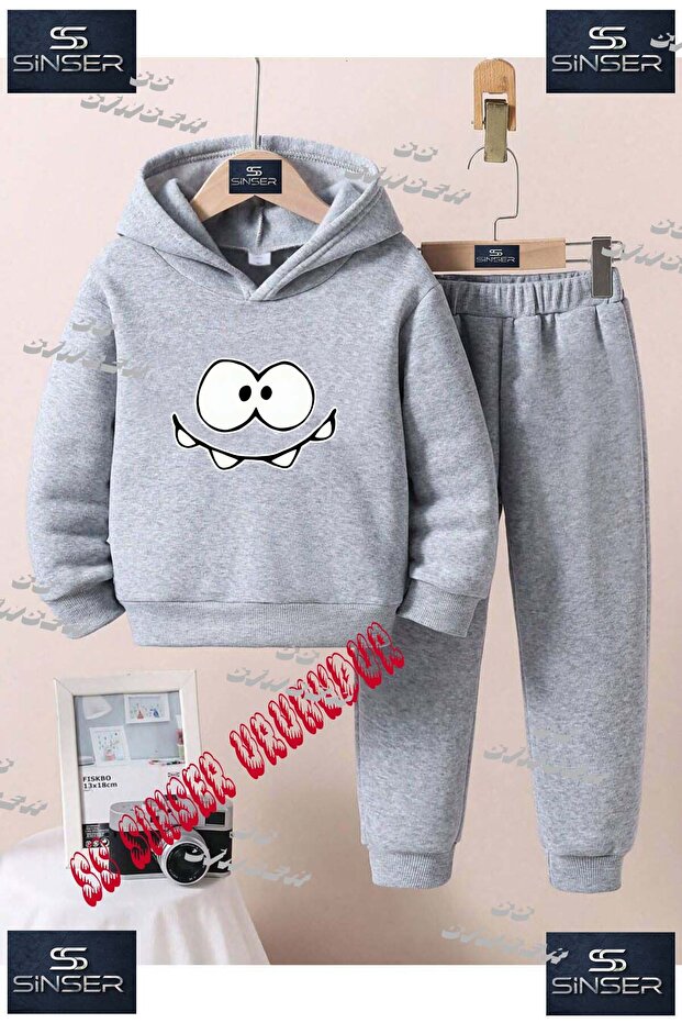 Children's Unisex Special Printed Hooded Tracksuit Set with Patterned Eyes and Face (4 Pieces)