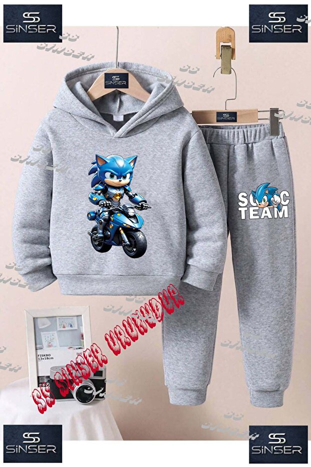 Children's Unisex "Sonic Riding a Motorcycle" Custom Printed Hoodie Tracksuit Set