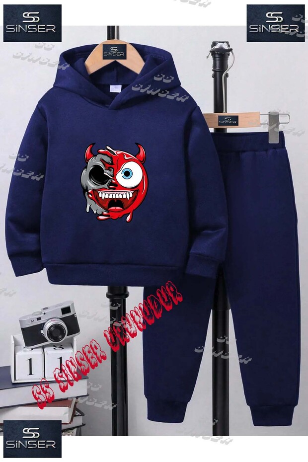 Children's Unisex "Smile Tek Goz Krmz Sytn" Special Printed Hooded Tracksuit Set