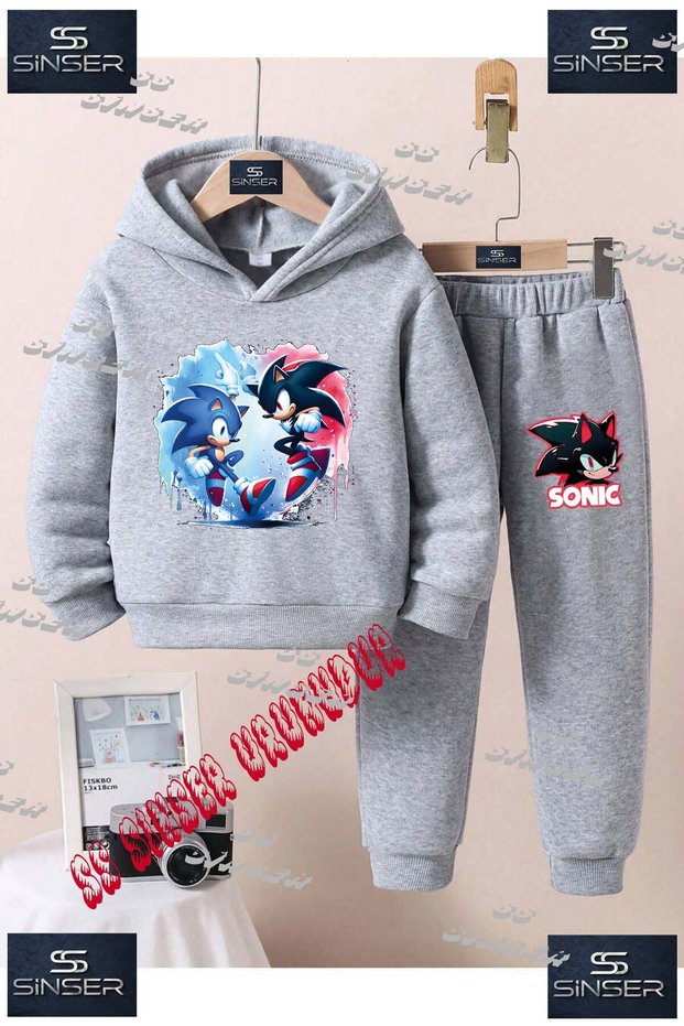 Children's Unisex Special Printed Hooded Tracksuit Set with Hoodie and Sweatpants, Sonic Syh Blue 2-Piece Karktr