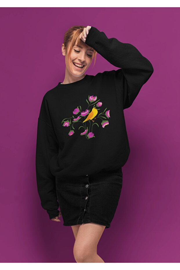 Flower Bird Colorful Printed Crew Neck Sweatshirt