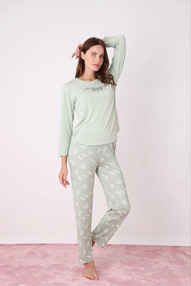 Kadın Milan Bisiklet Yaka Uzun Kol İnce Pijama Takımı 7600/33 - 1 Adet - 3