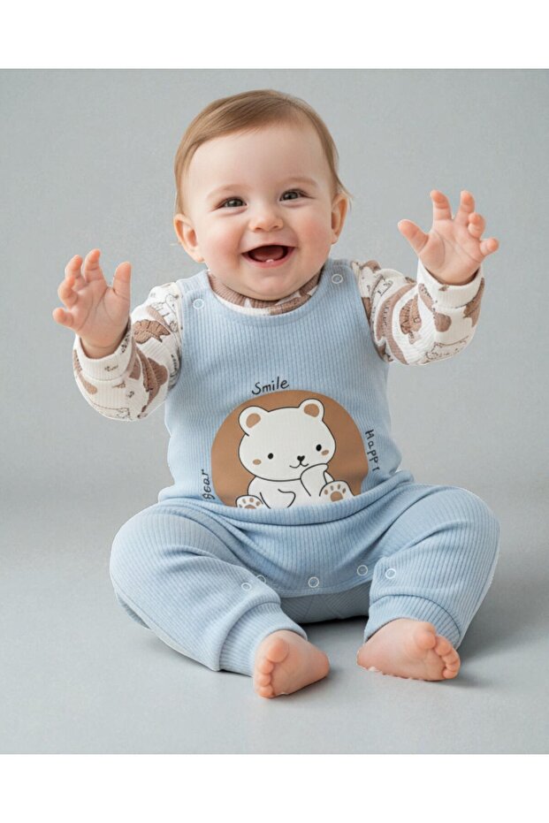 Baby Boy 0-3-6-9 Months Bear Printed Salopet / Gardener Jumpsuit and Underwear Set