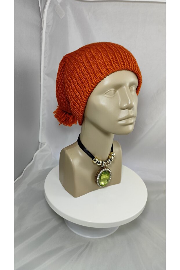 Çift Kat Turuncu Dev Ponponlu Uzun Bere - 9