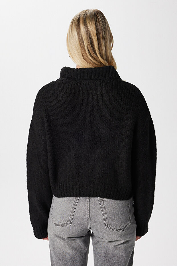 Kadın Lean Yumuşak Doku Polo Yaka Siyah Basic Triko Hırka HI00179 - 5