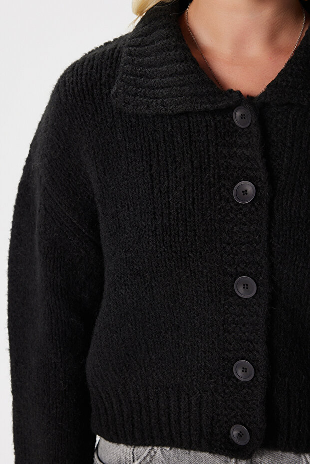 Kadın Lean Yumuşak Doku Polo Yaka Siyah Basic Triko Hırka HI00179 - 2