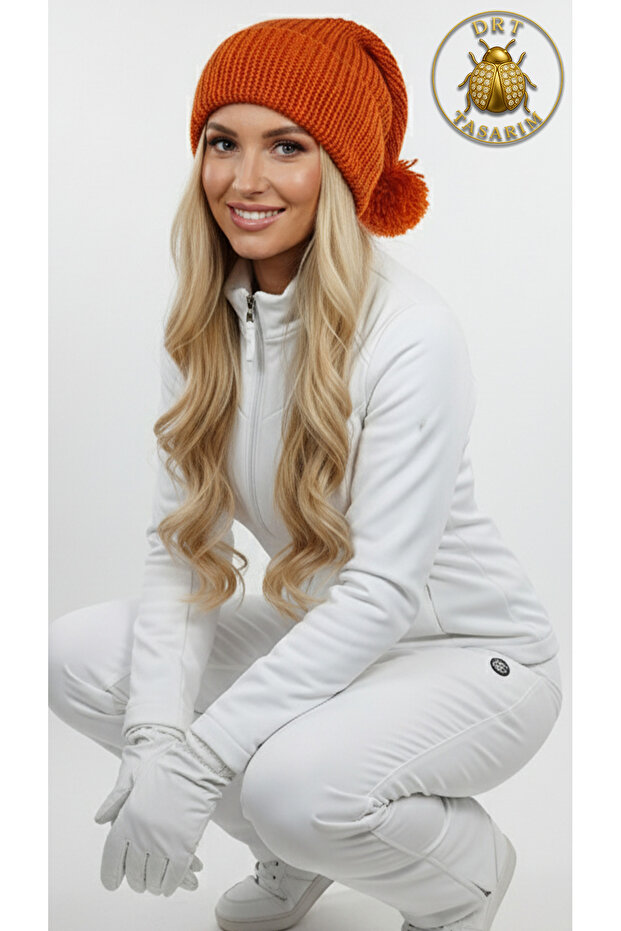 Çift Kat Turuncu Dev Ponponlu Uzun Bere - 3