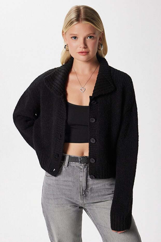 Kadın Lean Yumuşak Doku Polo Yaka Siyah Basic Triko Hırka HI00179 - 1