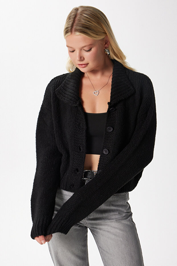 Kadın Lean Yumuşak Doku Polo Yaka Siyah Basic Triko Hırka HI00179 - 3