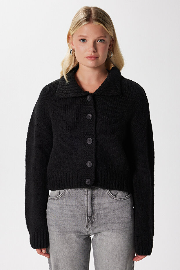 Kadın Lean Yumuşak Doku Polo Yaka Siyah Basic Triko Hırka HI00179 - 4