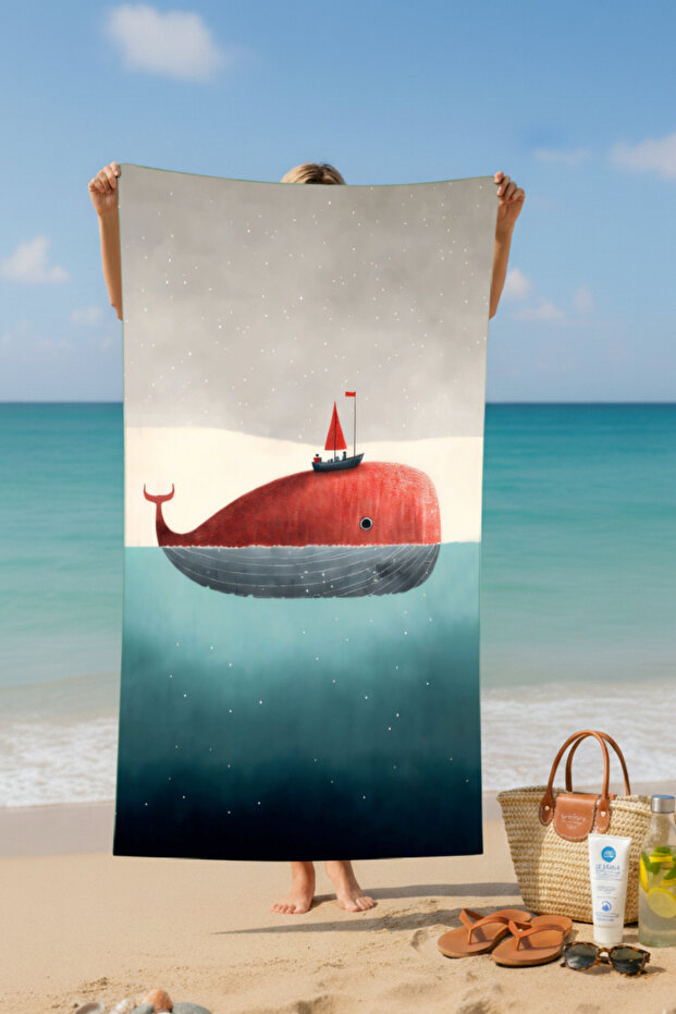 منشفة شاطئ قطنية بنقشة الحوت – تصميم منقوش - 2