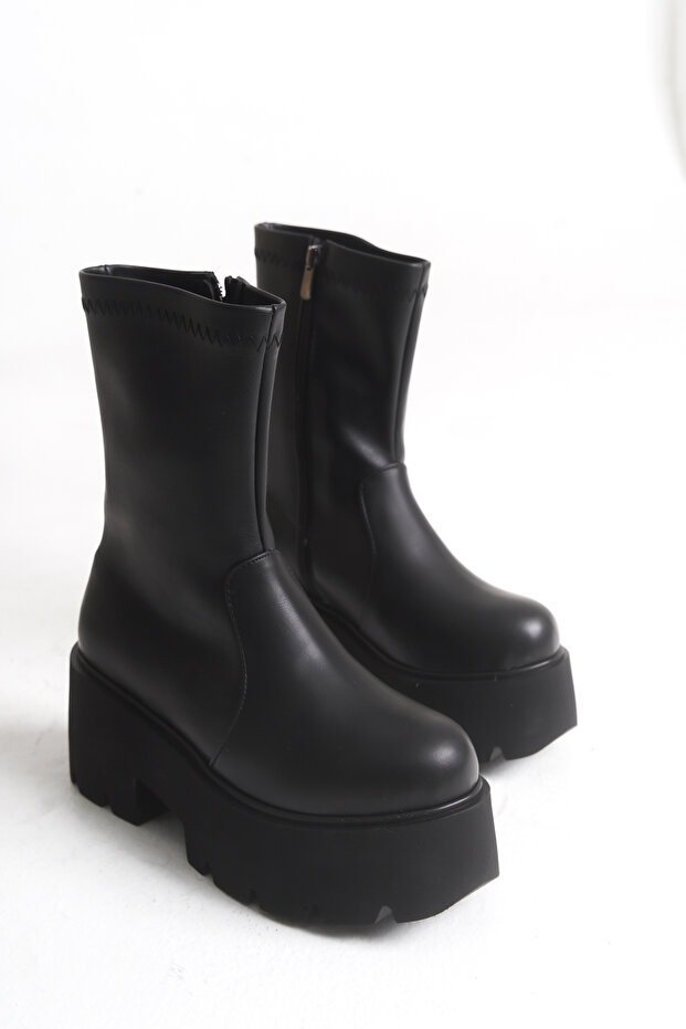 Lara Sinclair Black Women's New Season Thick Sole Elastic Zippered Daily Comfortable Fit Boots