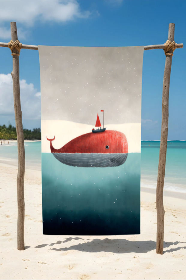 منشفة شاطئ قطنية بنقشة الحوت – تصميم منقوش - 1