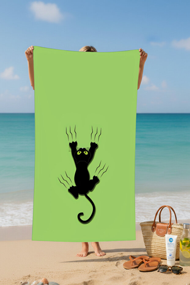 منشفة شاطئ قطنية بنمط القط الخضراء – تصميم منقوش - 2