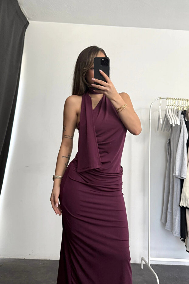 Drapeli Fular Detaylı Uzun Elbise - 1