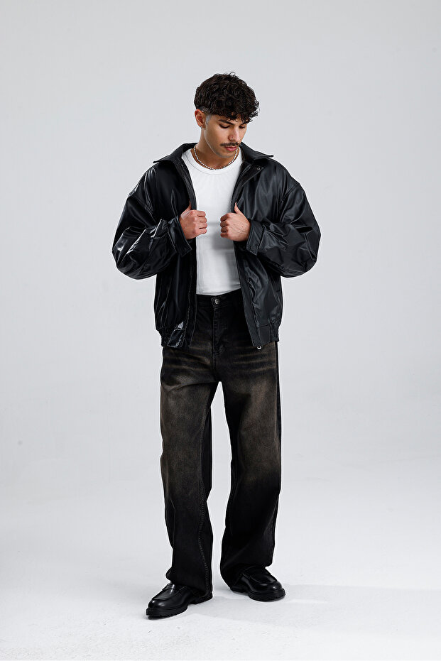 Oversize Bomber Leather Jacket - 5