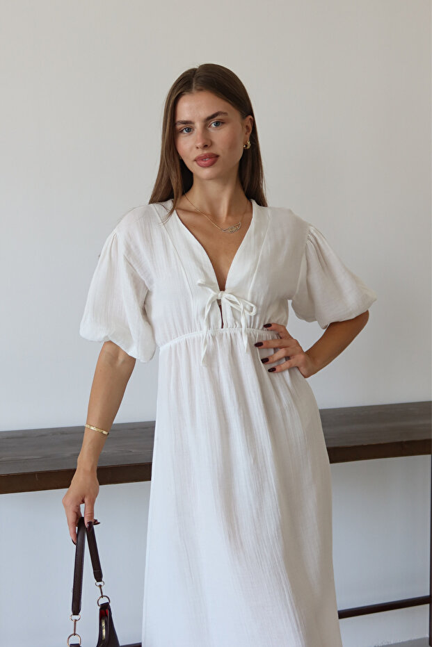 Kadın Hafif Transparan Basic Önden Bağlamalı Müslin Elbise 4043 - 6