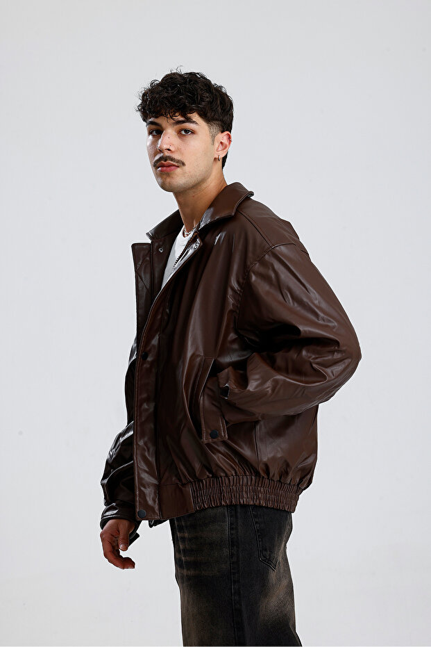 Oversize Bomber Deri Ceket - 7