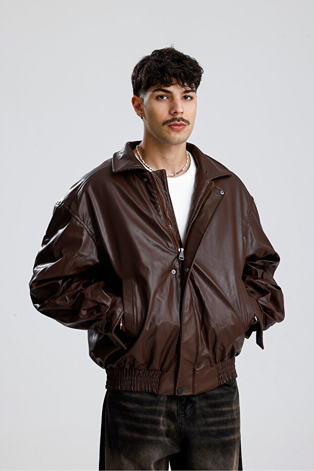 Oversize Bomber Deri Ceket - 3