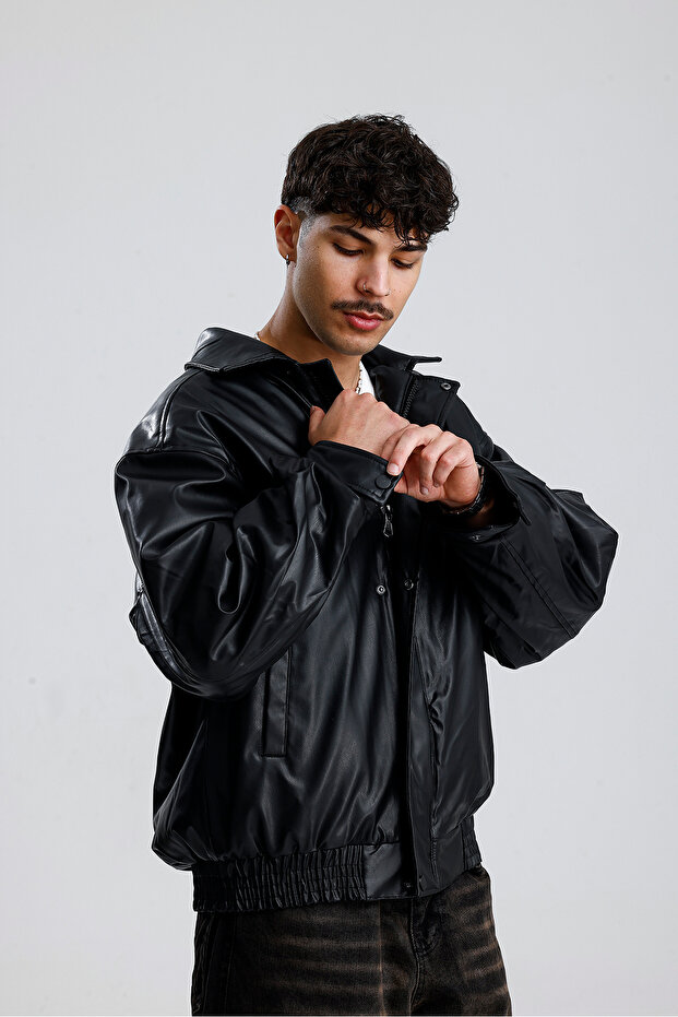 Oversize Bomber Leather Jacket - 7