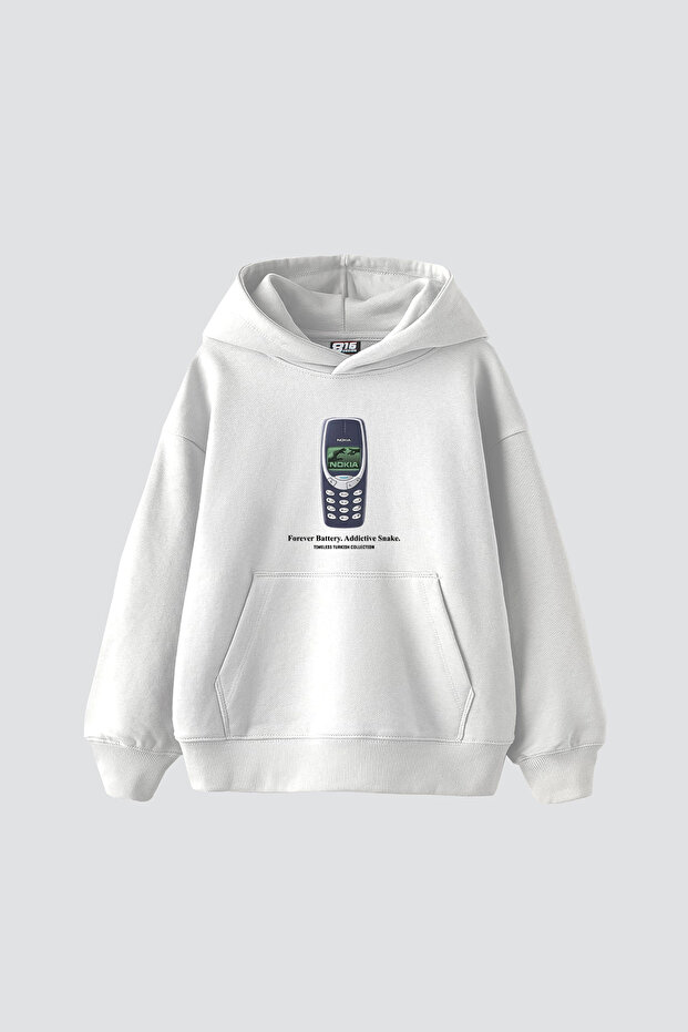 Forever Battery Printed Oversize Unisex White Hoodie