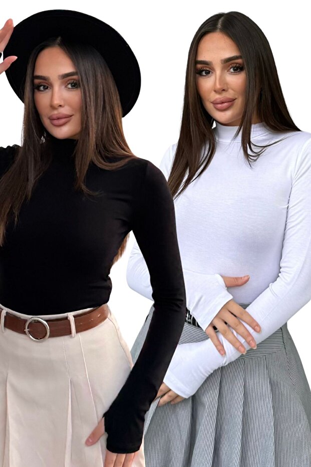 Women's Black and White Finger Detail Turtleneck Bodysuit 2-Piece Set