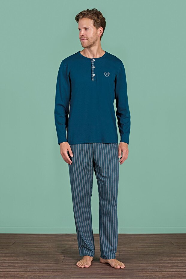 Men's Petrol Color Long Sleeve Buttoned Collar Stripe Detail Bottom Pajama Set C4T3N91