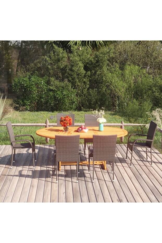 7 Piece Garden Dining Set Poly Rattan Brown