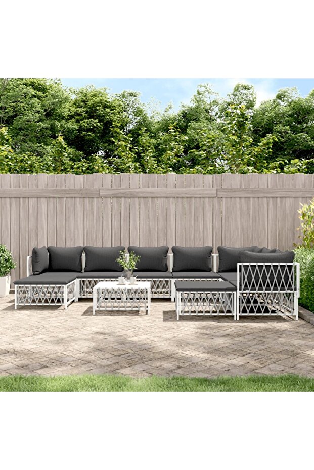 10 Piece Garden Lounge Set with Cushions White Steel