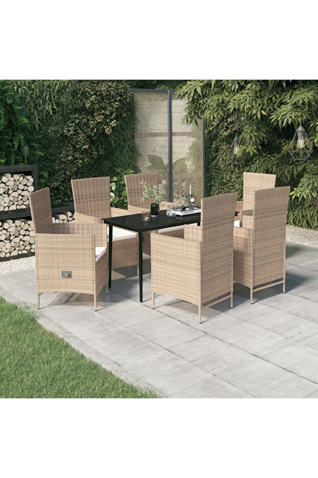 7 Piece Garden Dining Set with Cushions Beige