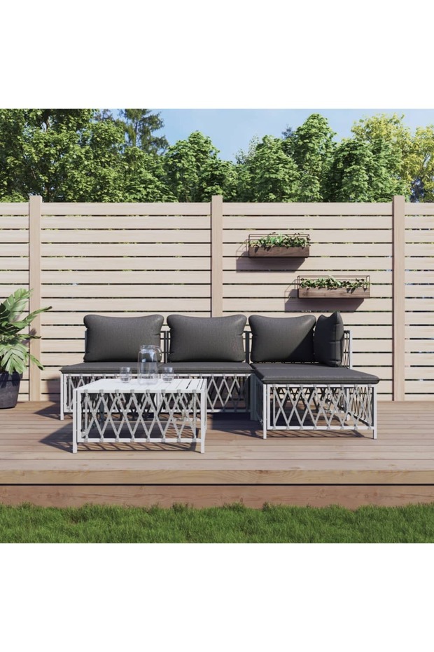 5 Piece Garden Lounge Set with Cushions White Steel