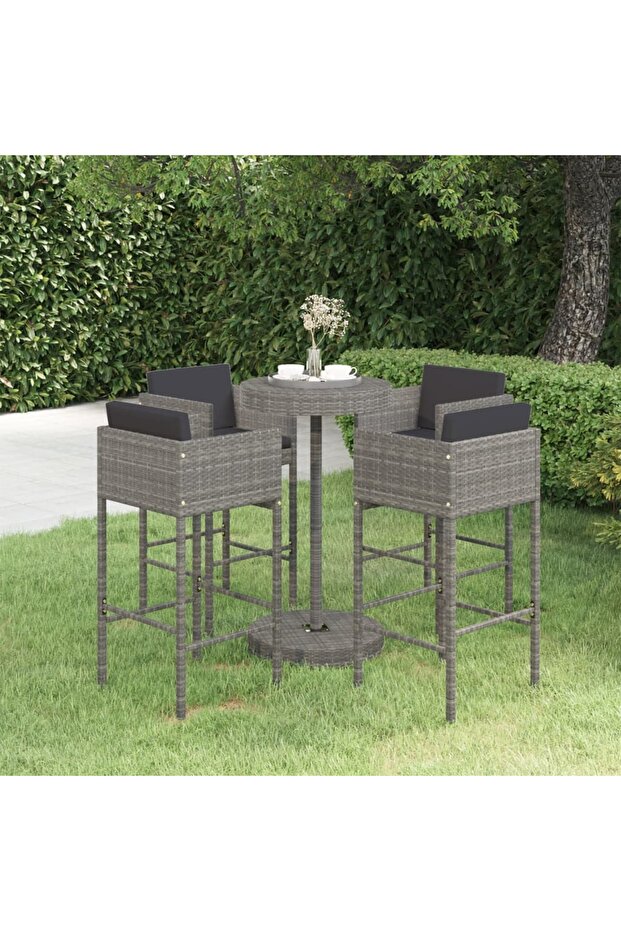 5 Piece Garden Bar Set with Cushions Poly Rattan Grey