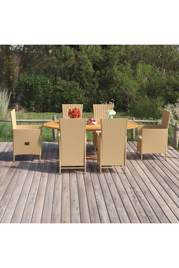 7 Piece Garden Dining Set Poly Rattan Beige