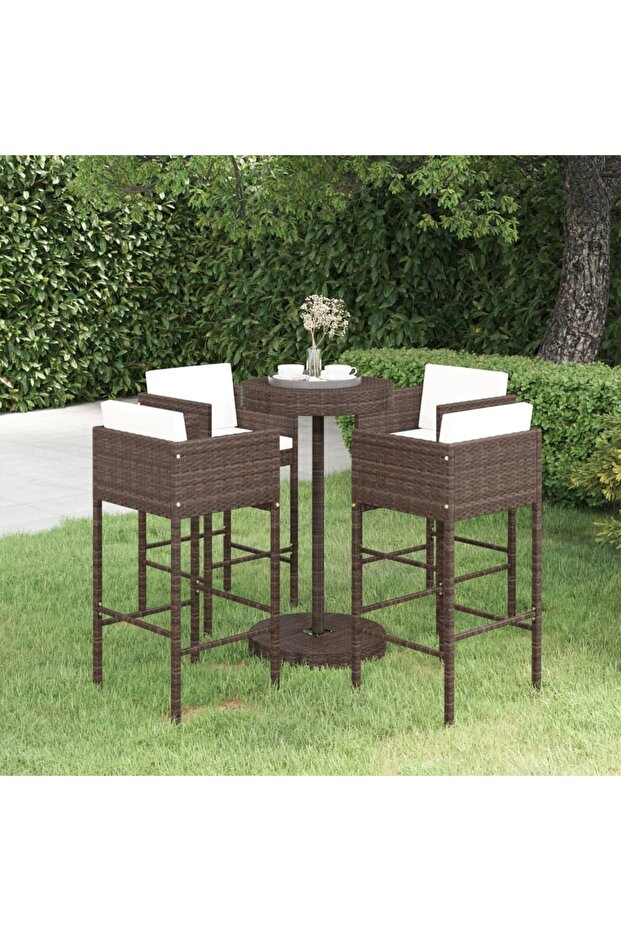 5 Piece Garden Bar Set with Cushions Poly Rattan Brown