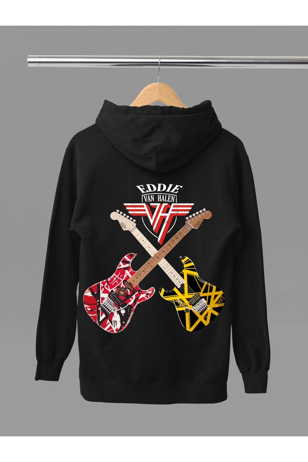 Eddie Van Halen Printed Cotton Long Sleeve Ribbed 3-Ply Hooded Rock Sweatshirt