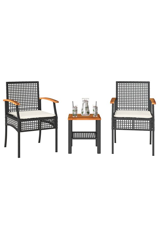3 Piece Bistro Set with Cushions Black Poly Rattan Acacia Wood
