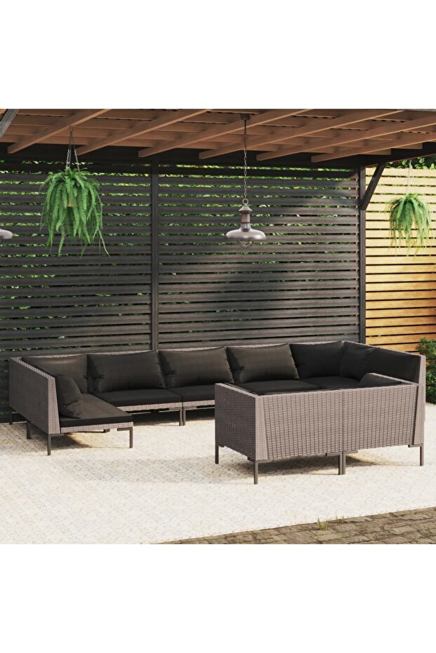9 Piece Garden Lounge Set with Cushions Poly Rattan Dark Grey
