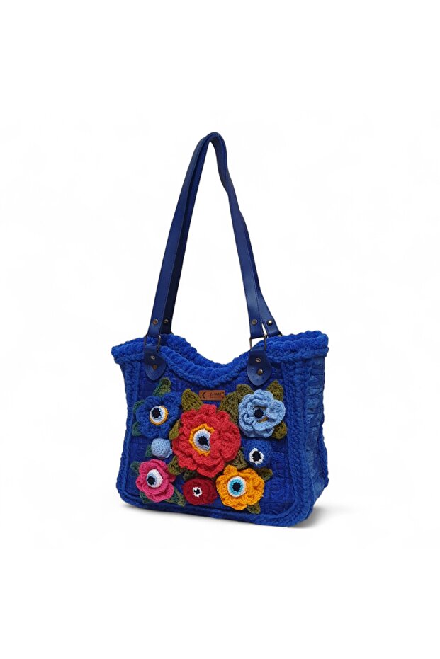 Crochet Knitted Flower Detailed Shoulder Bag, Handmade Custom Design Bag
