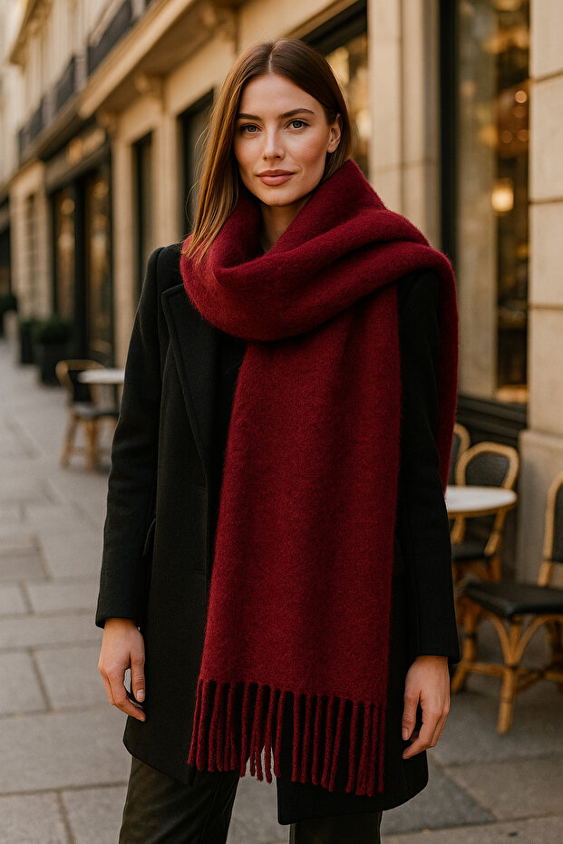 Women's Basic Burgundy Tasseled Boucle Scarf - Shawl 45X200 cm Sal1285