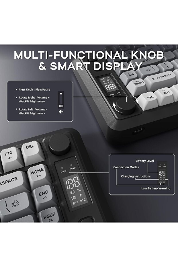 Freewolf M75 Kablosuz BT+2.4Ghz Oled TFT Ekranlı Membran Reinbow Aydınlatmalı Gaming Oyuncu Klavye - 6