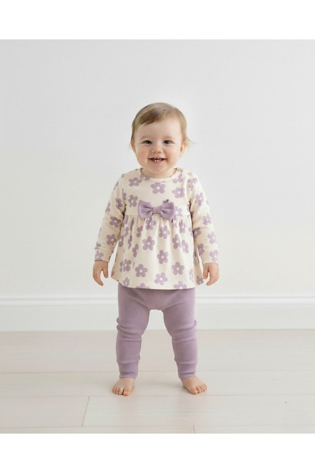 Floral Patterned Bowknot 100% Cotton Baby Girl Set - Long Sleeve Tunic and Soft Ribbed Leggings 6-24 Months
