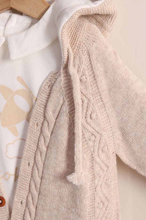 Bej Örme Erkek Bebek Kapüşonlu Uzun Tulum - 3