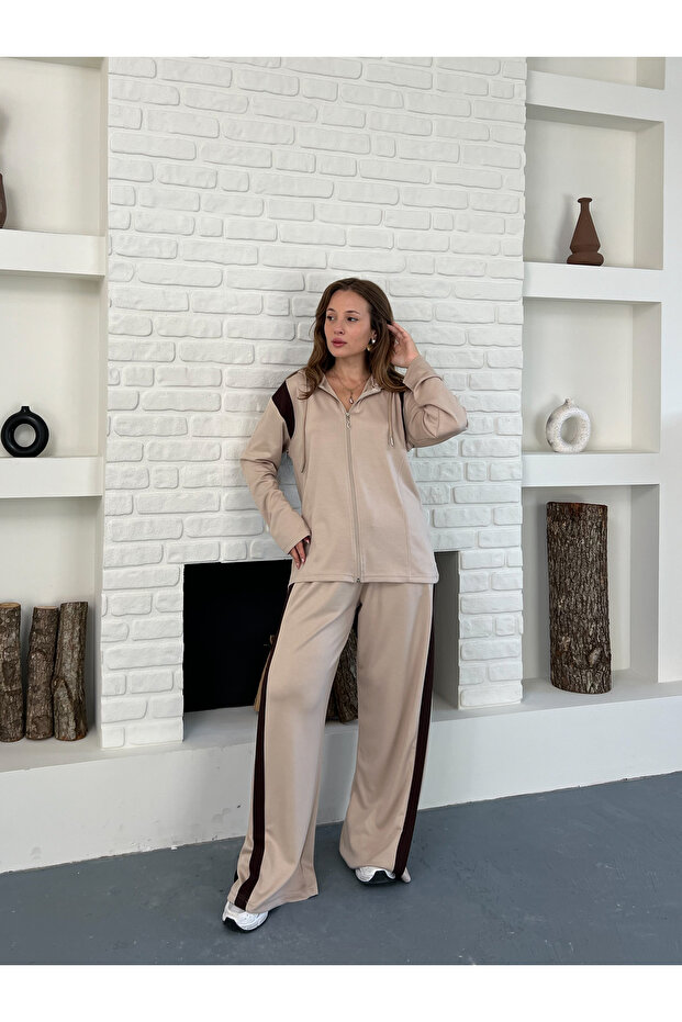 Beige Brown Thick Striped Modal Fabric Relax Fit Hooded Bottom Top Tracksuit Set