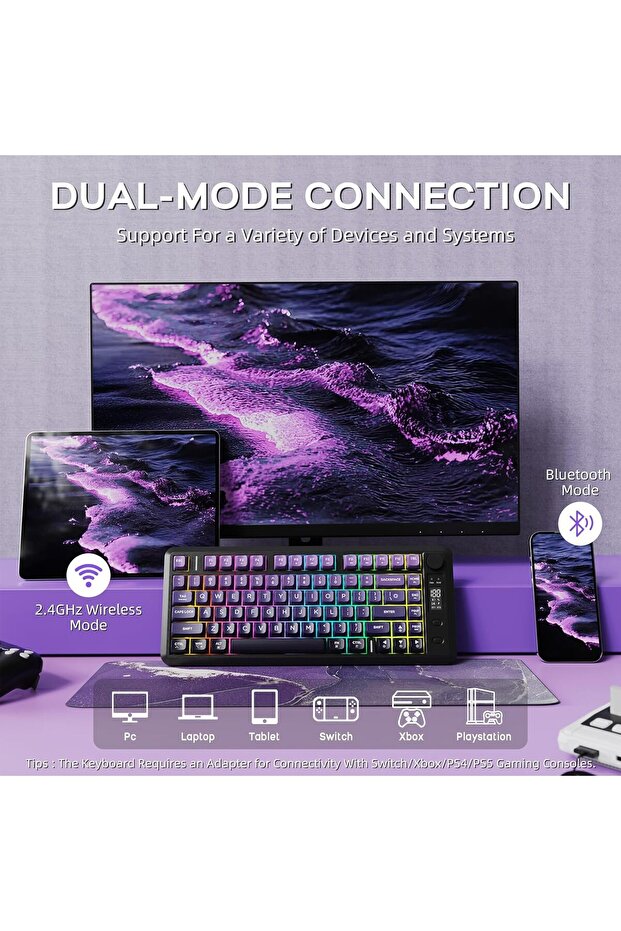 Freewolf M75 Kablosuz BT+2.4Ghz Oled TFT Ekranlı Membran Reinbow Aydınlatmalı Gaming Oyuncu Klavye - 6